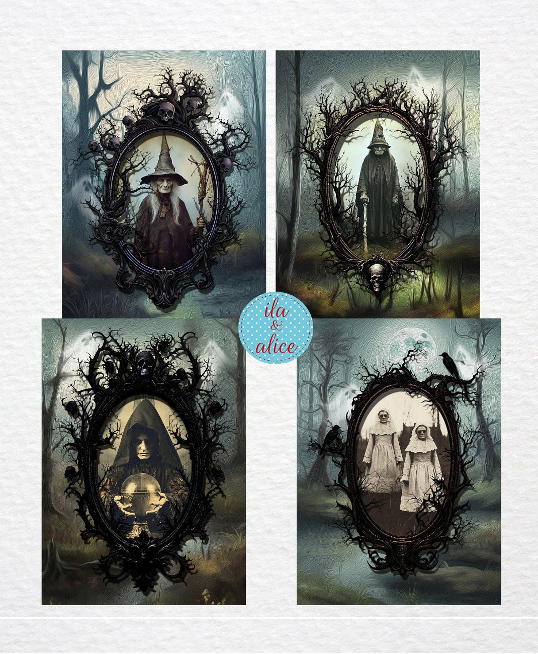 Witches in a Dark Forest Halloween Postcards Post Cards ila & alice 