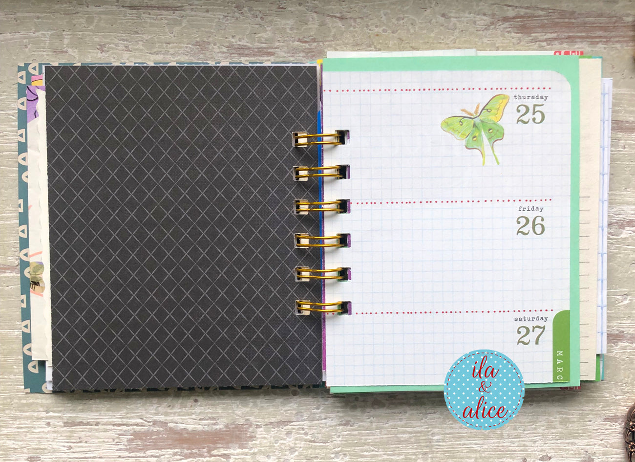 Planner with a black cover and a green and white planner on a wooden surface, featuring the brand 'lu & alice'.