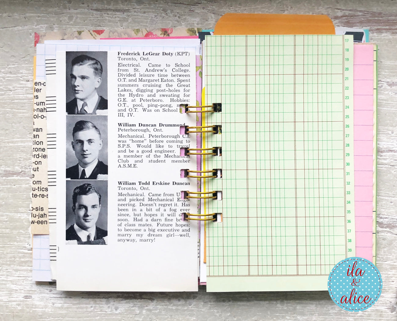Planner with historical photos and checklists on a wooden surface