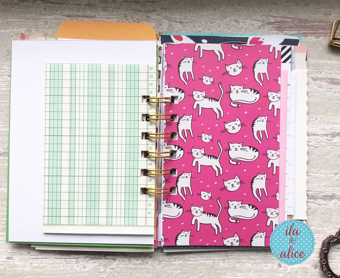 Planner with green ledger paper and cat theme paper on a wooden surface.
