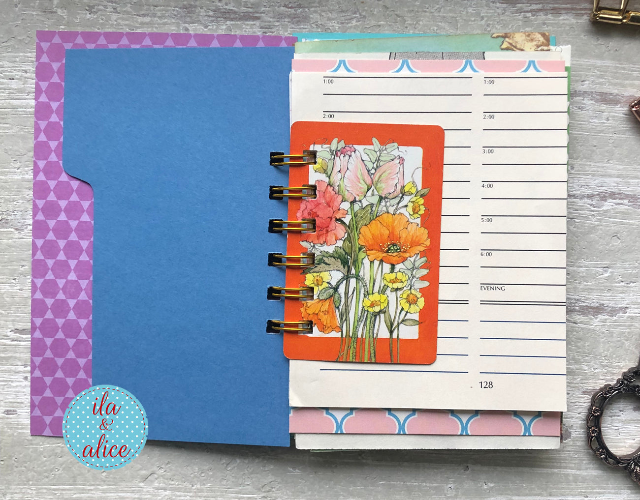 Mini handmade junk journal with vintage fashion illustration of women in blue dresses, spiral bound notebook