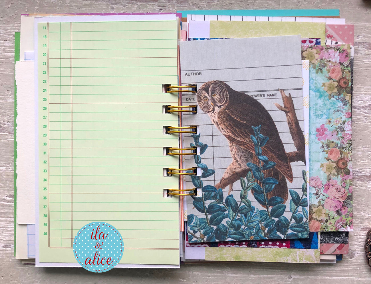 Mini handmade junk journal with vintage fashion illustration of women in blue dresses, spiral bound notebook