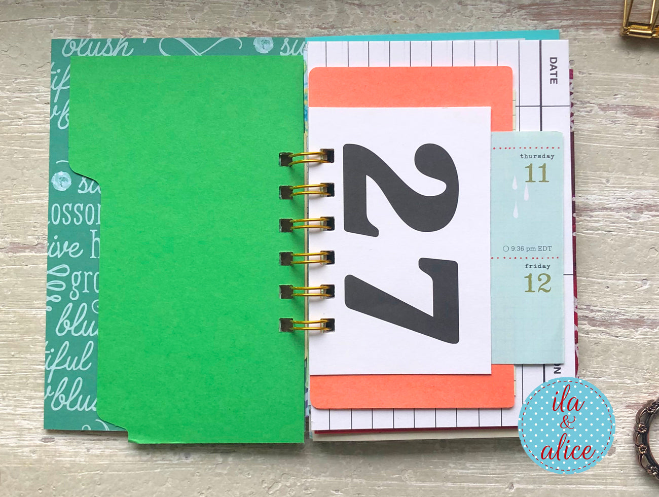 Mini handmade junk journal with vintage fashion illustration on orange polka dot background, spiral bound notebook