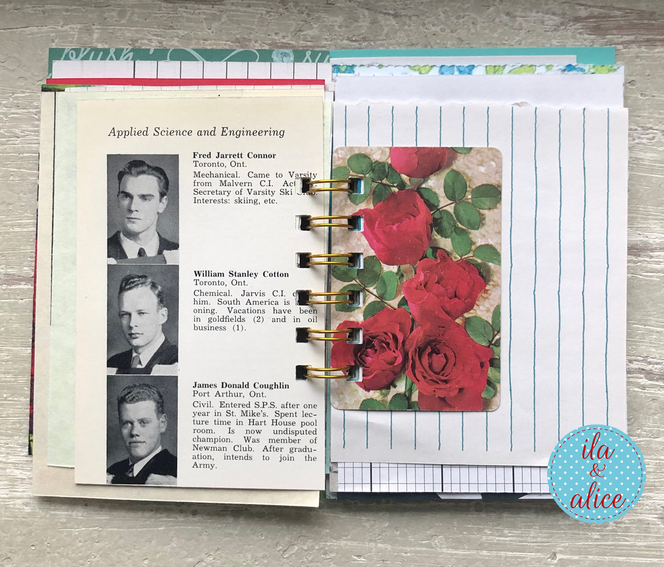 Mini handmade junk journal with vintage fashion illustration on orange polka dot background, spiral bound notebook