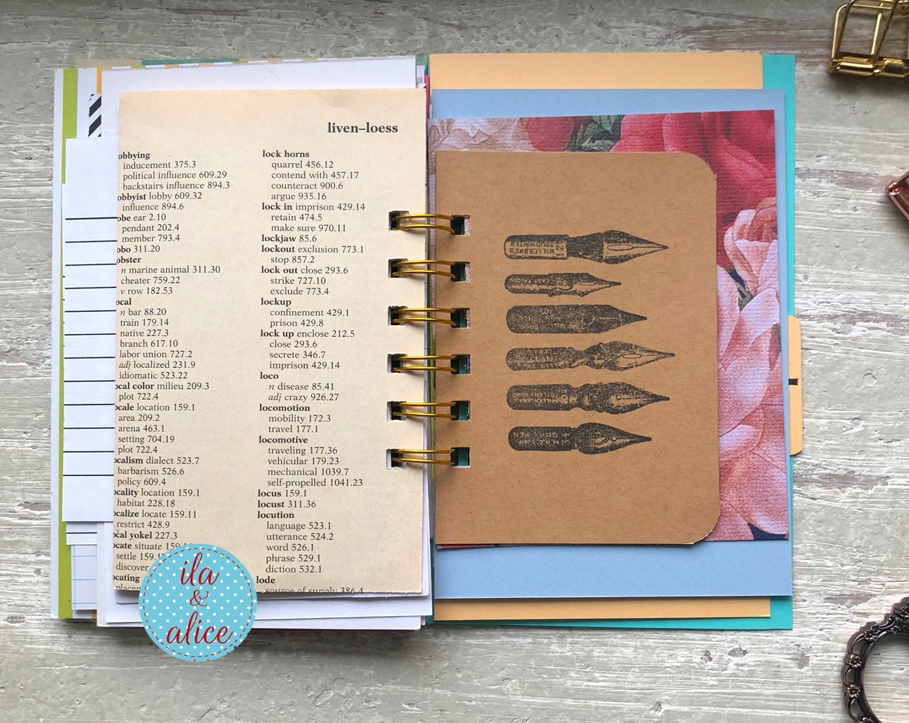 Open spiral-bound notebook with pen designs on the cover, placed on a textured surface.