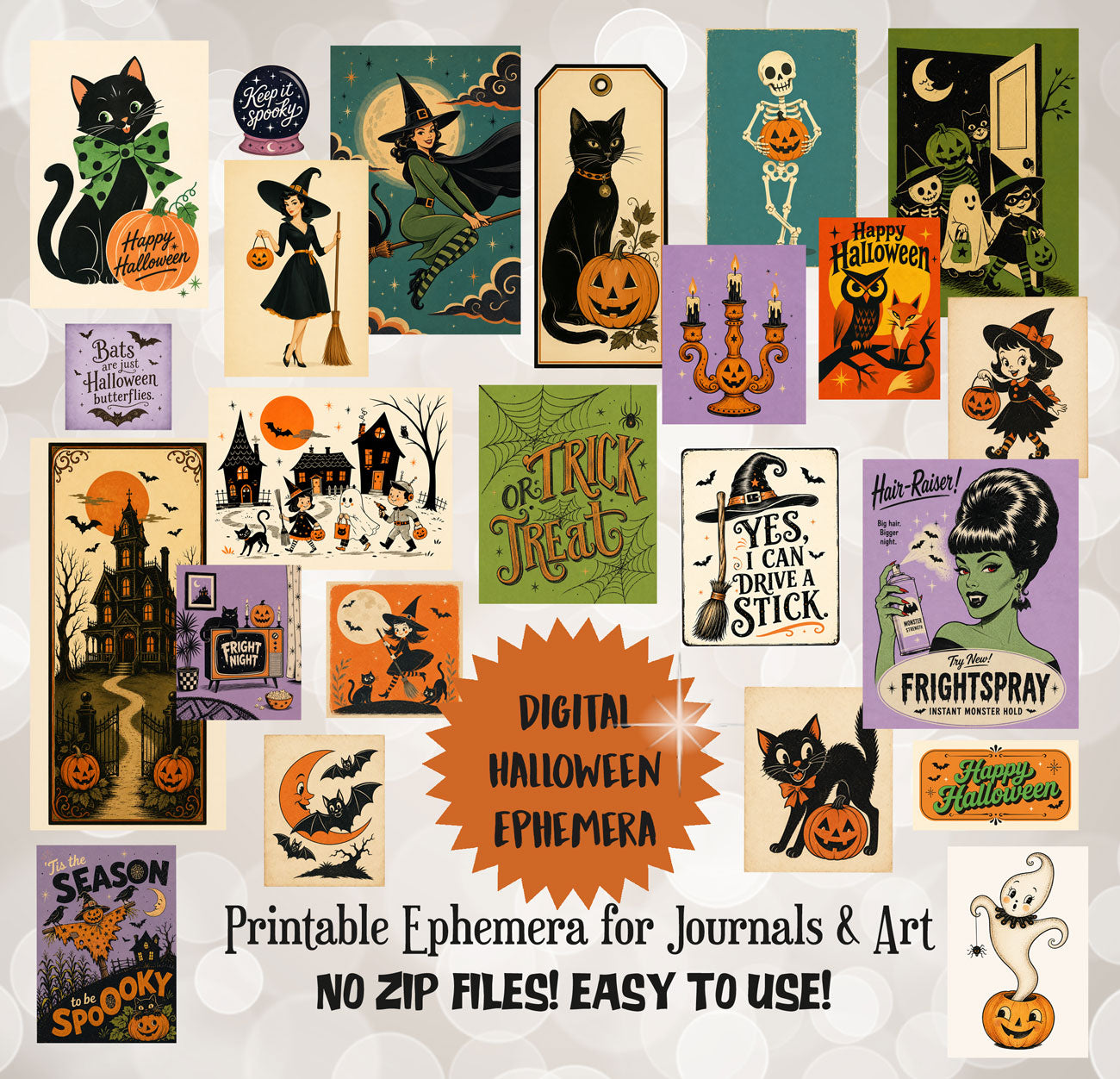A collage of Halloween-themed printable ephemera cards and art designs arranged on a light background, with text reading 'DIGITAL HALLOWEEN EPHEMERA' and 'Printable Ephemera for Journals & Art NO ZIP FILES! EASY TO USE!'. The designs include black cats, witches, skeletons, pumpkins, haunted houses, bats, ghosts, and vintage-style illustrations in orange, purple, teal, black, cream, and green tones.