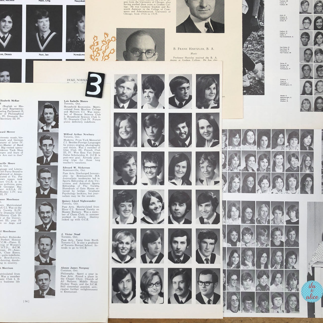 A collage of vintage yearbooks and alumni pages featuring black-and-white portrait photos of graduates, with printed text and page numbers visible.