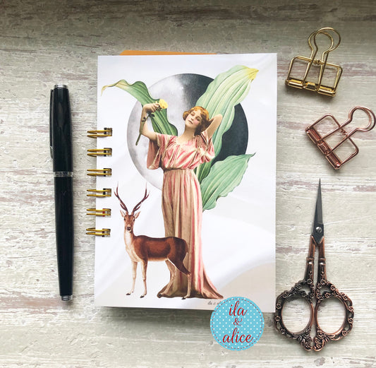 Mini handmade junk journal with vintage woman, deer, botanical leaves and moon collage, spiral bound notebook