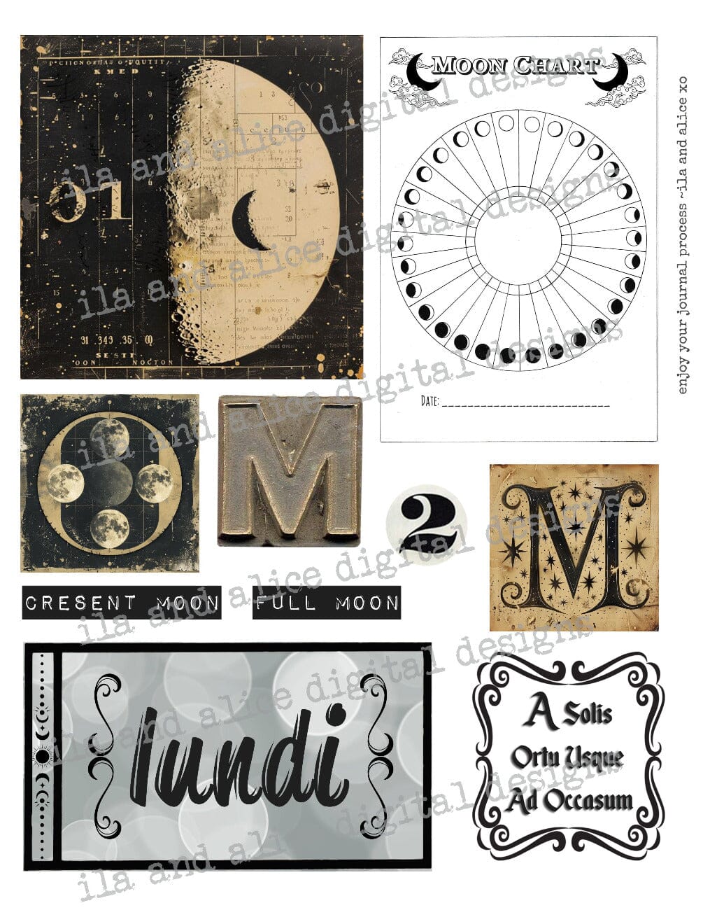 Digital Moon Art Junk Journal Ephemera Journal ila & alice 