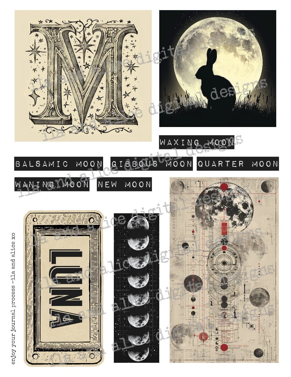 Digital Moon Art Junk Journal Ephemera Journal ila & alice 