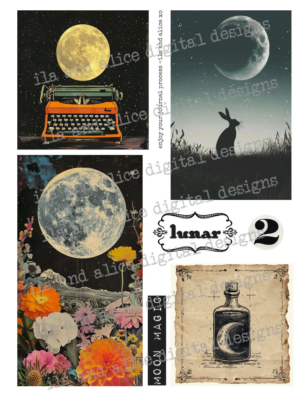 Digital Moon Art Junk Journal Ephemera Journal ila & alice 