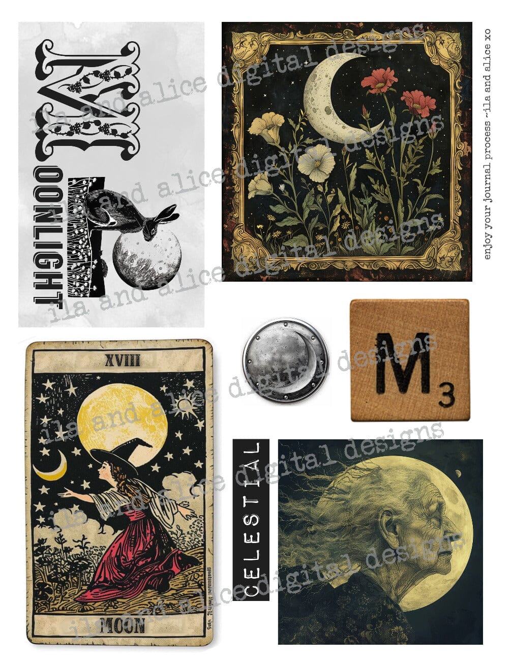 Digital Moon Art Junk Journal Ephemera Journal ila & alice 