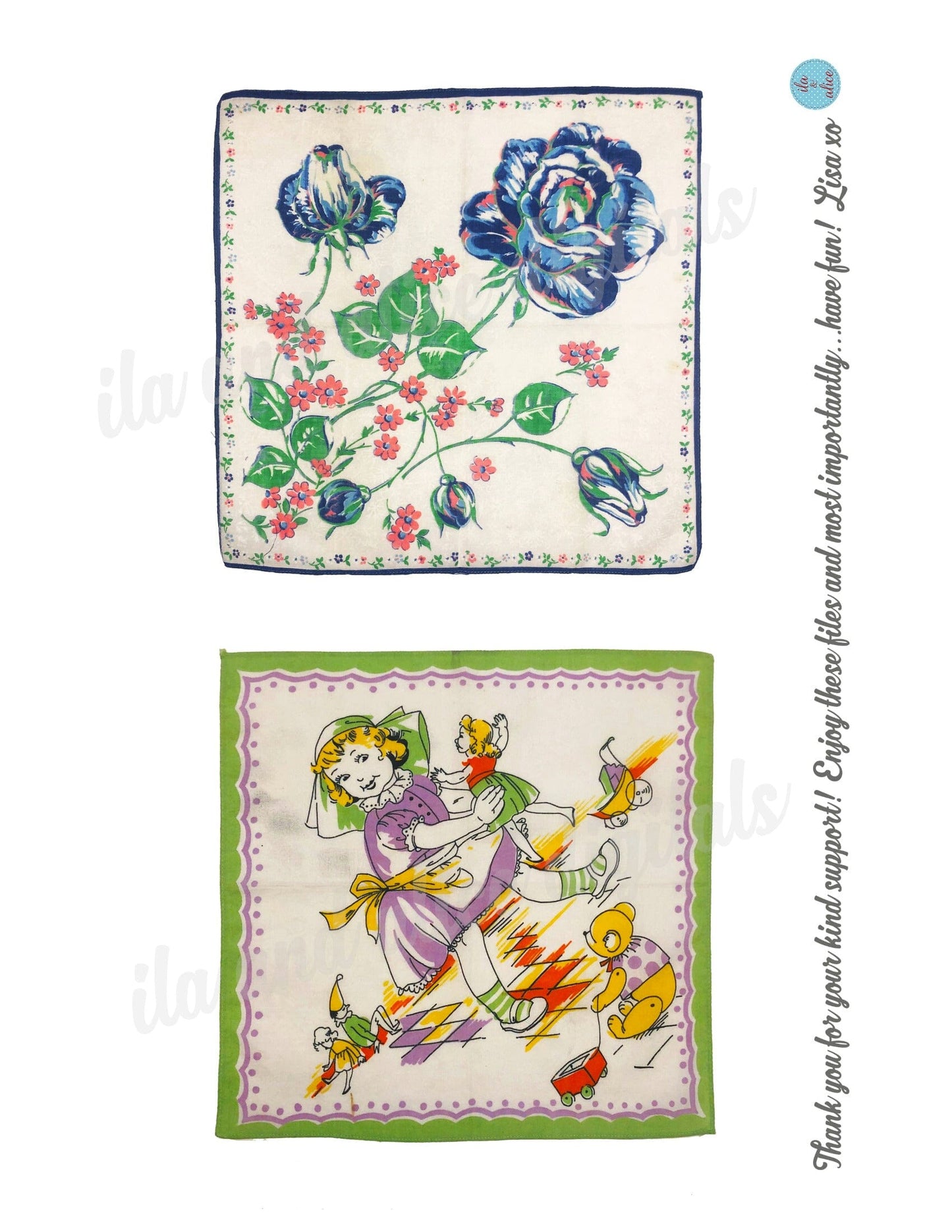 Pretty Digital Vintage Hankies-Set of 6 Cute Printable Hankies Journal ila & alice 