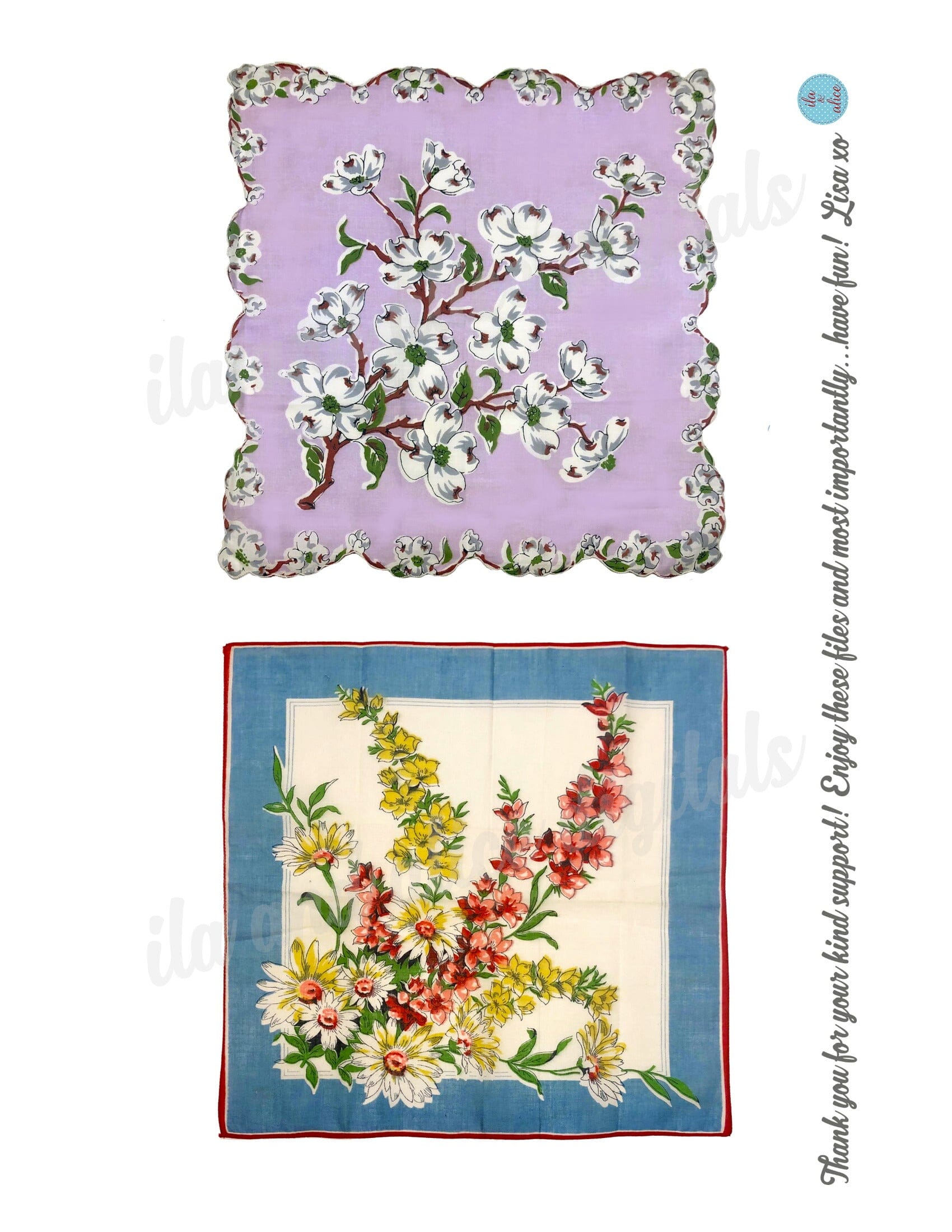 Pretty Digital Vintage Hankies-Set of 6 Cute Printable Hankies Journal ila & alice 