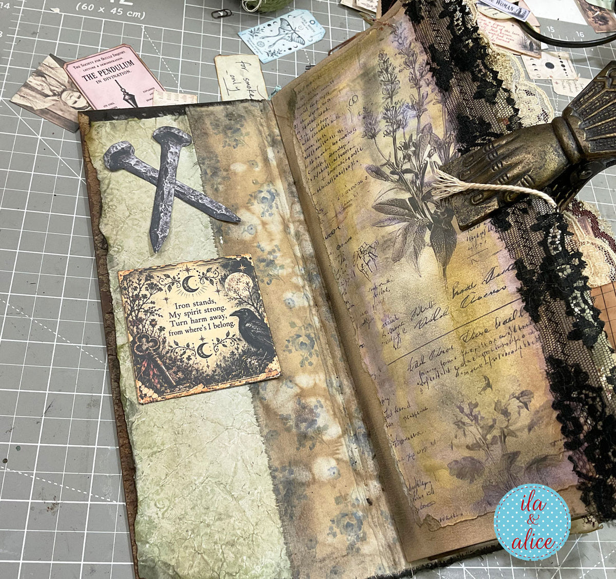 Handmade grimoire spread with iron nails, a protective charm card, handwritten botanical notes, aged papers and black vintage lace.