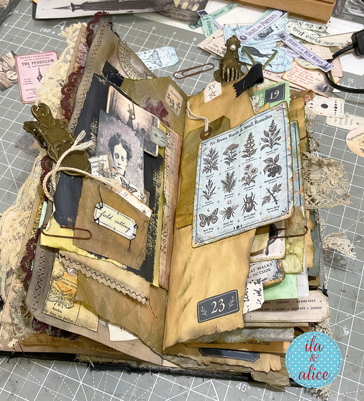 Open handmade witch’s grimoire with layered aged papers, herbal remedies card, vintage photographs, lace, pockets and tucked ephemera.