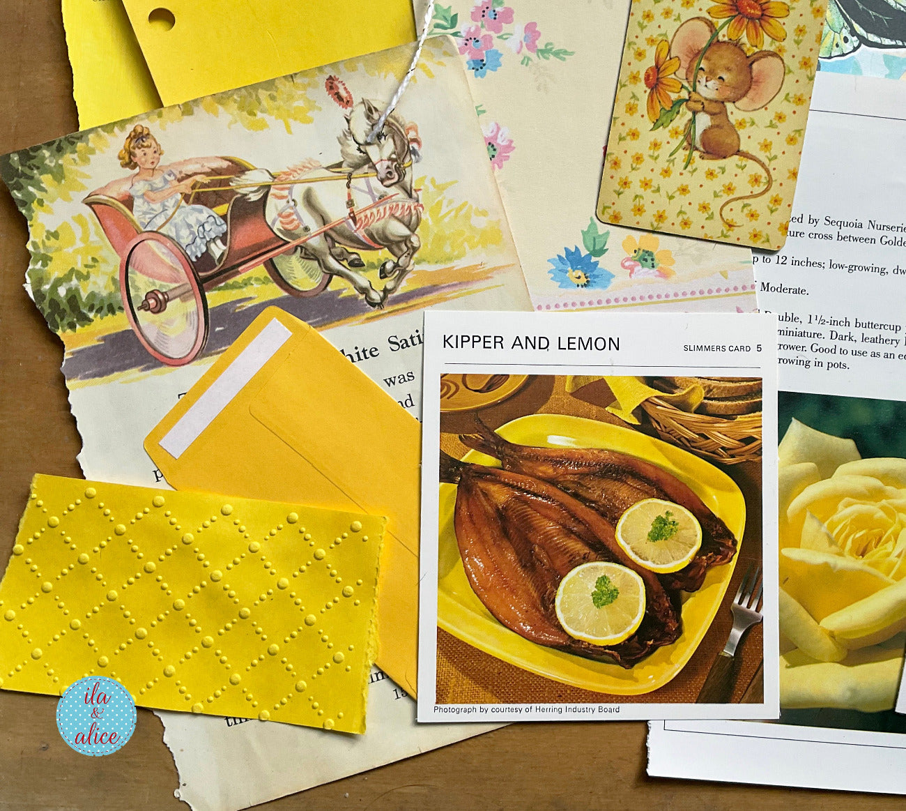 curated 8x12 junk journal ephemera pack with layered papers, botanical elements, and tuckable pieces. yellow theme.