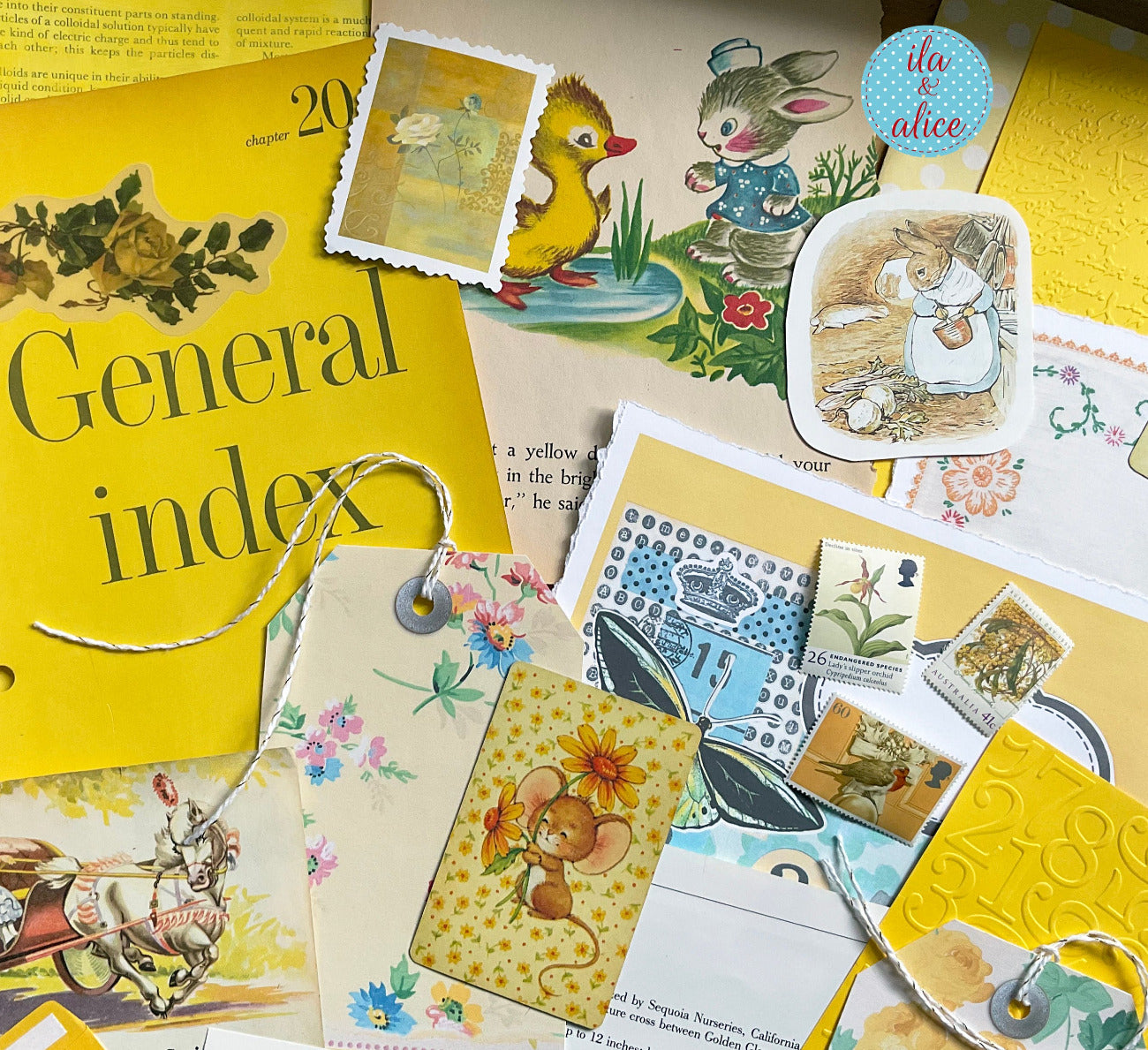 curated 8x12 junk journal ephemera pack with layered papers, botanical elements, and tuckable pieces. yellow theme.