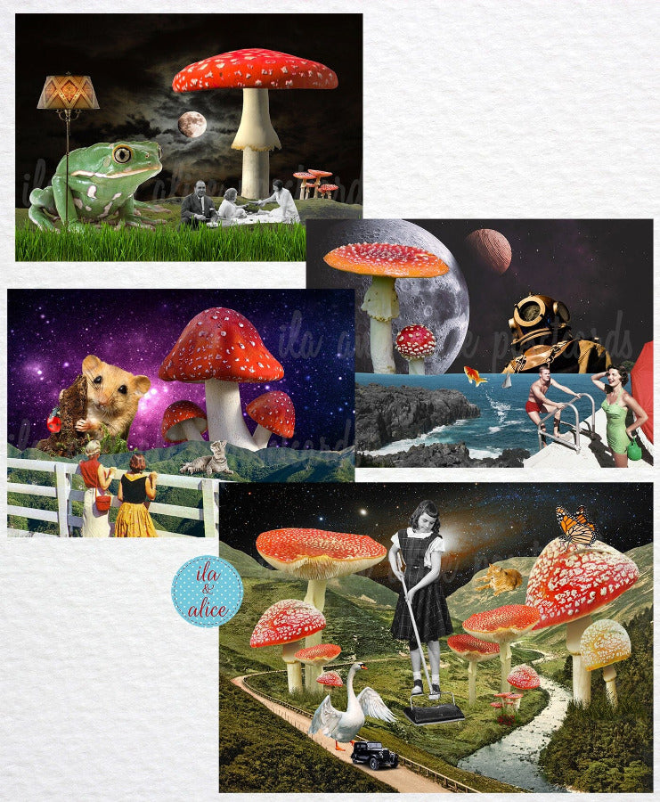 Red & White Sci-Fi Mushroom Collage Art Postcards Post Cards ila & alice 