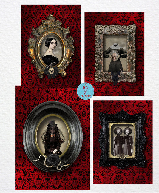 Spooky Ghoulish Women on Red Velvet Postcards Post Cards ila & alice 