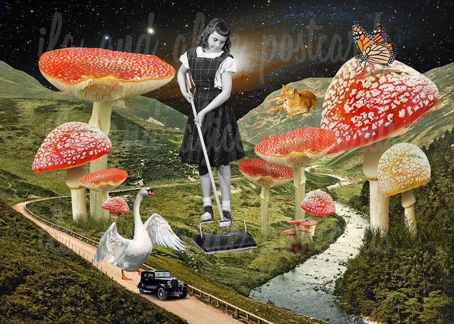 Red & White Sci-Fi Mushroom Collage Art Postcards Post Cards ila & alice 