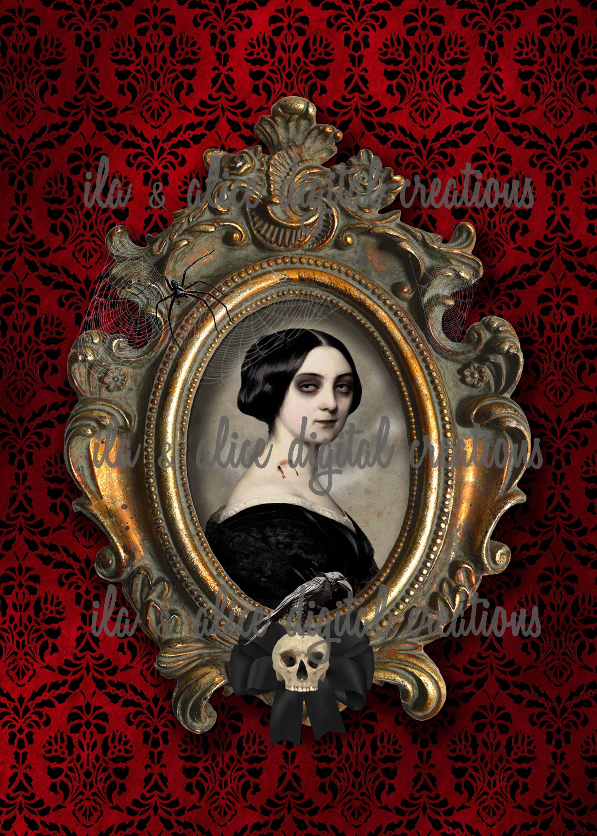 Spooky Ghoulish Women on Red Velvet Postcards Post Cards ila & alice 