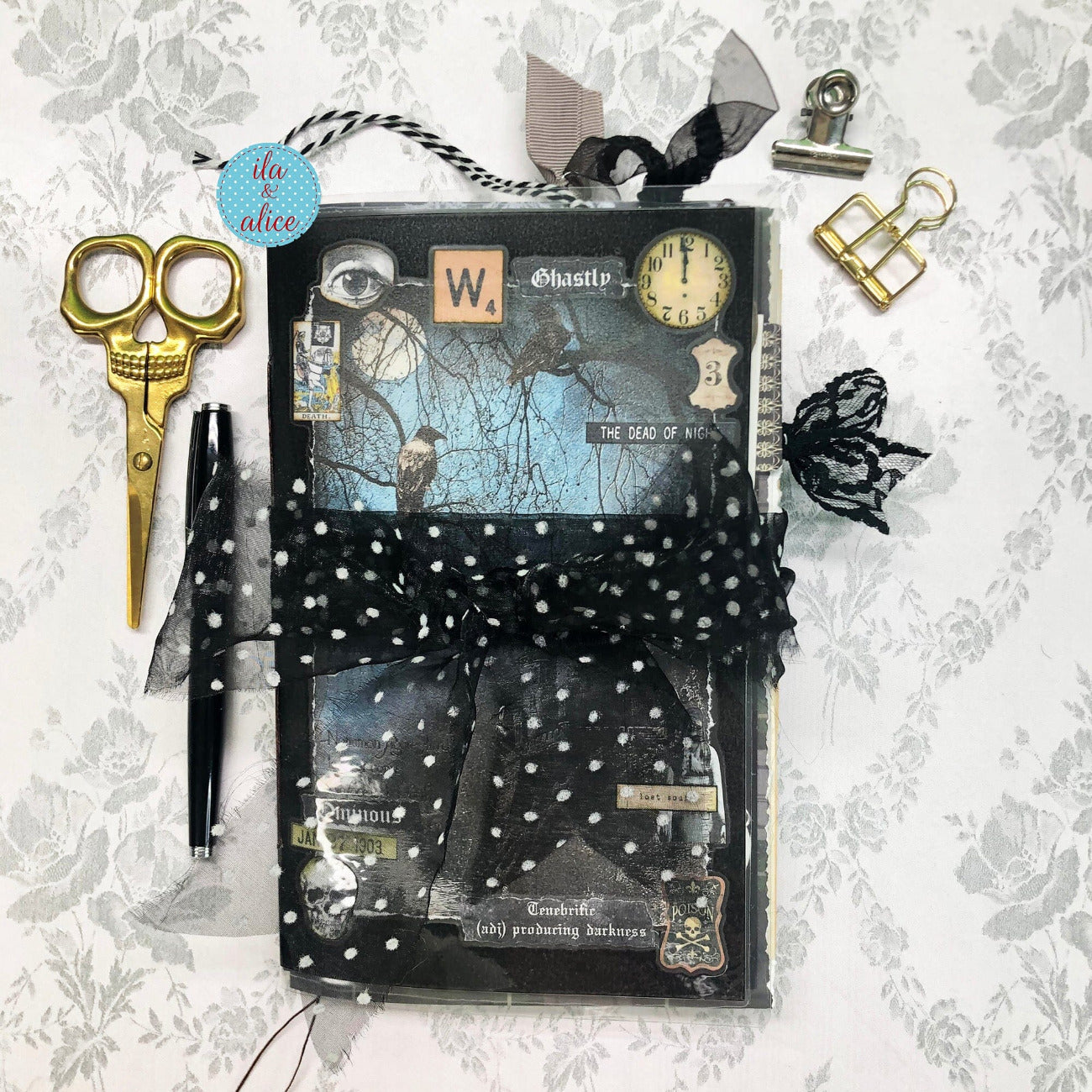Dark Gothic Winter Junk Journal with Moon & Crow Collage Cover Journal ila & alice 