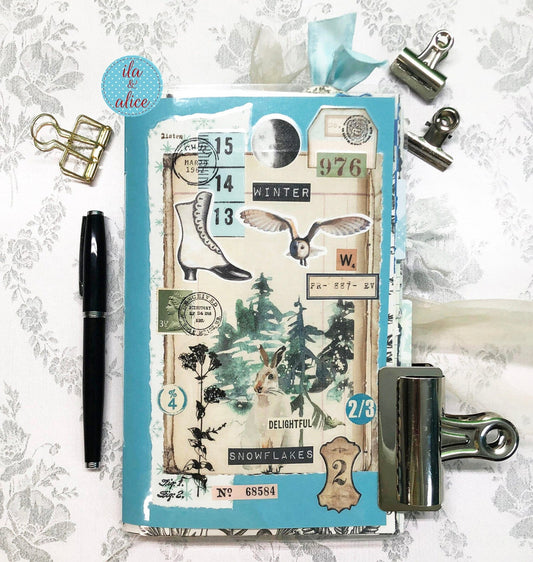 Pretty Blue Winter Junk Journal with Owl & Hare Collage Cover Journal ila & alice 