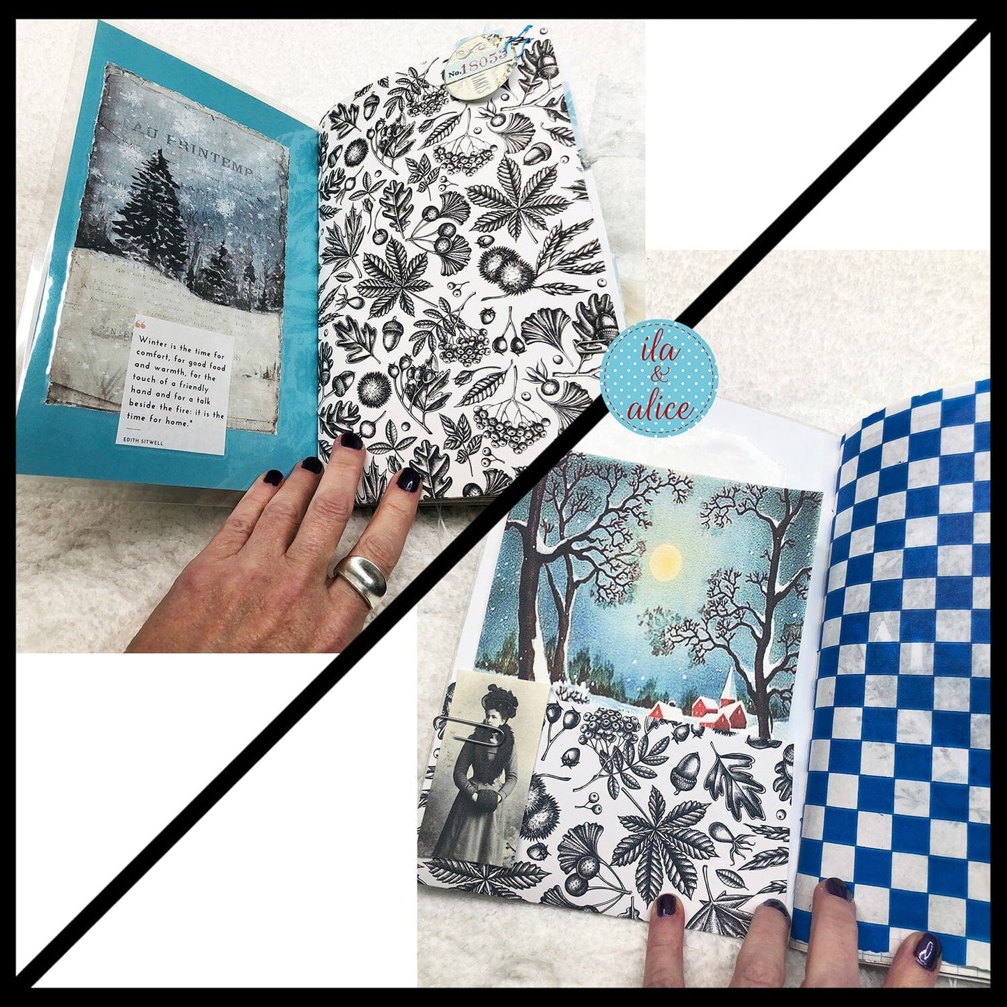 Pretty Blue Winter Junk Journal with Owl & Hare Collage Cover Journal ila & alice 