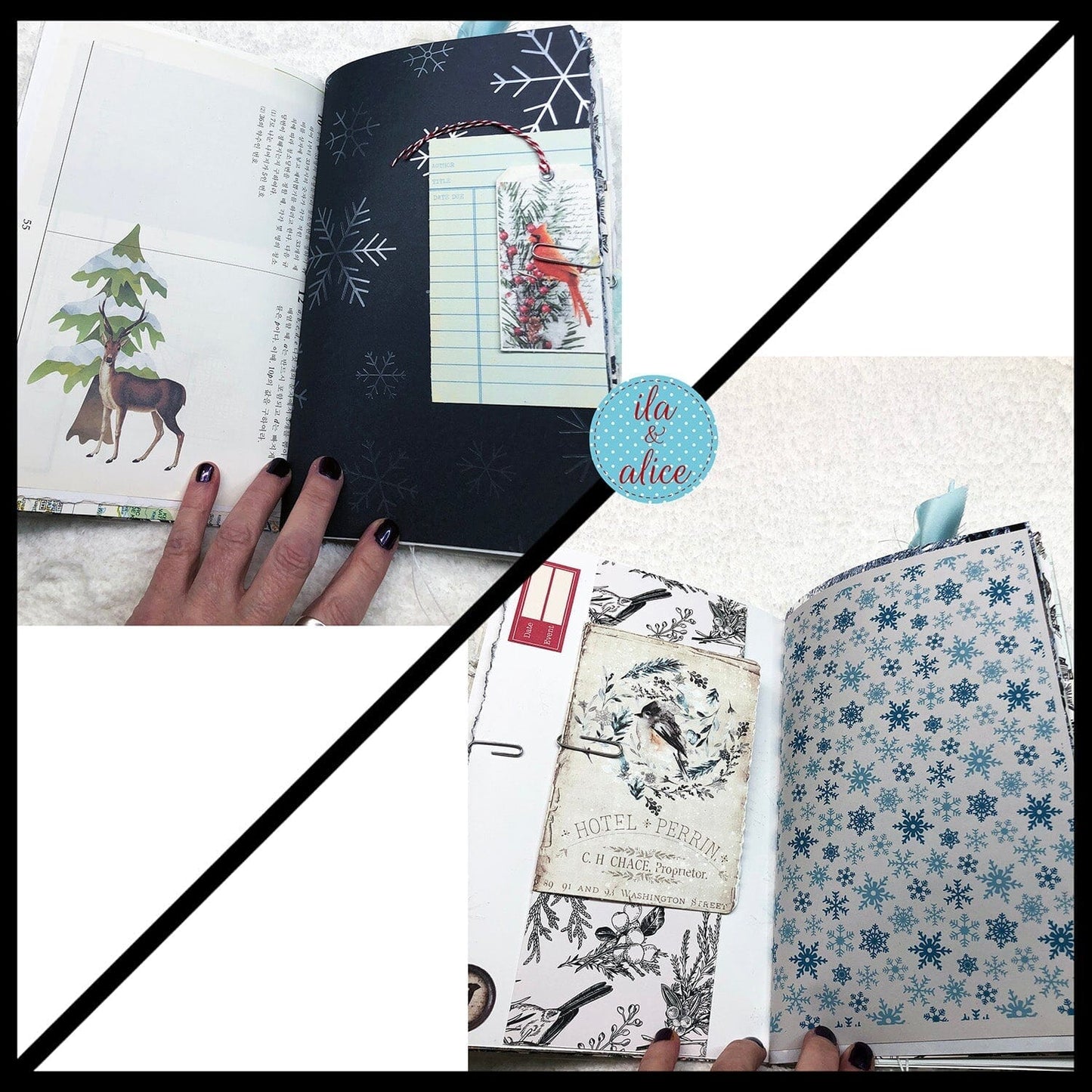 Pretty Blue Winter Junk Journal with Owl & Hare Collage Cover Journal ila & alice 