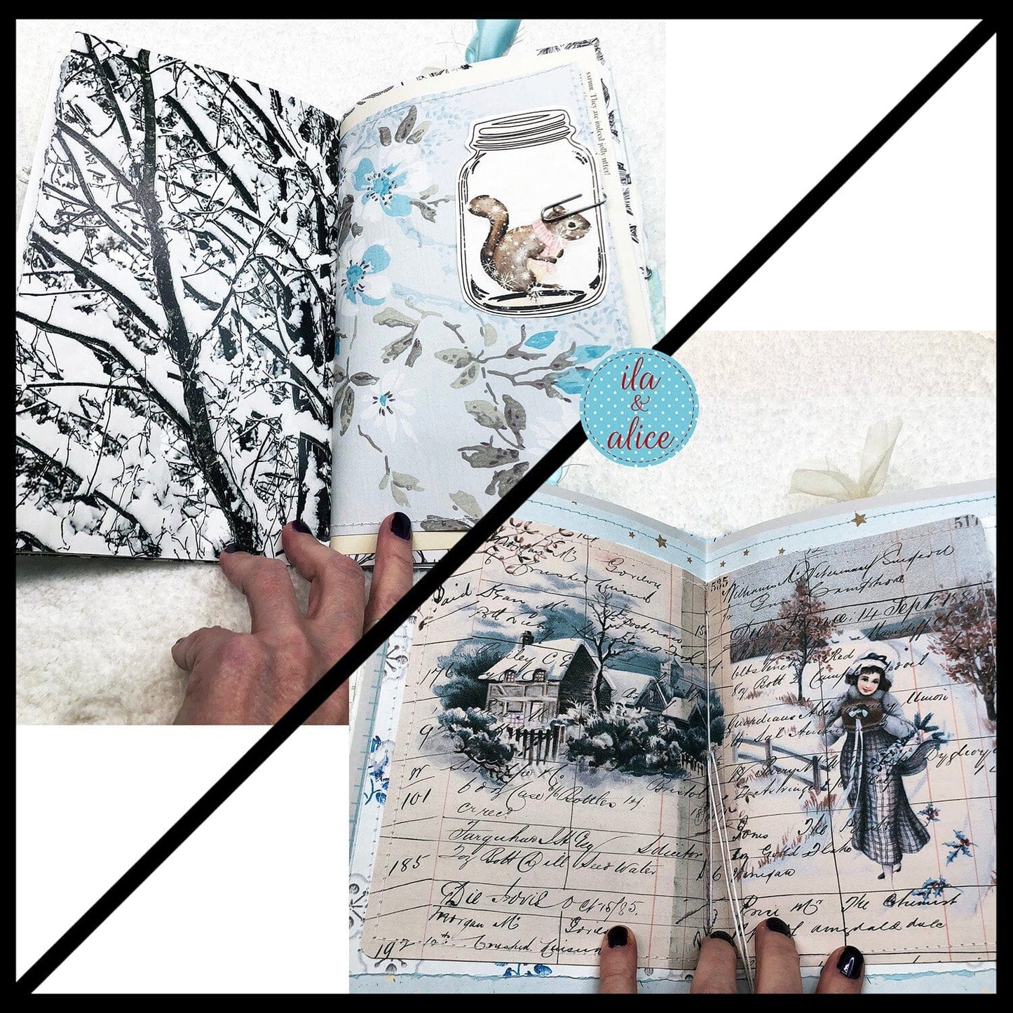 Pretty Blue Winter Junk Journal with Owl & Hare Collage Cover Journal ila & alice 