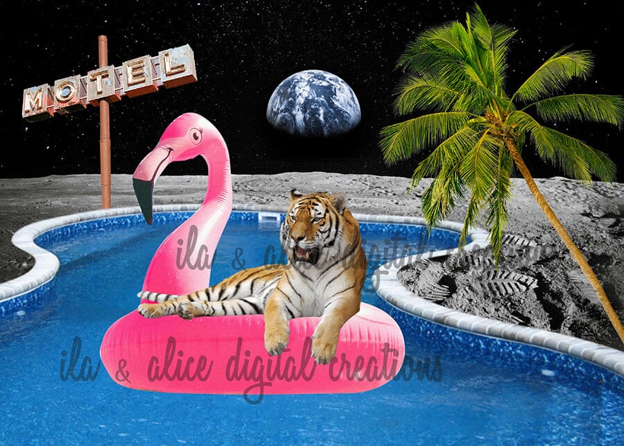 Moon Bathing Tiger in Space-Collage Art Postcards Post Cards ila & alice 